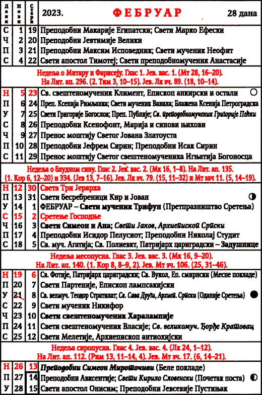 pravoslavni crkveni kalendar za februar 20232
